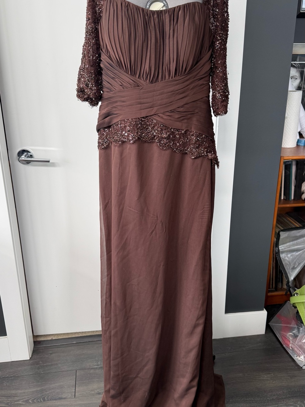 Jovani Chocolate Brown Beaded Lace Maxi Gown